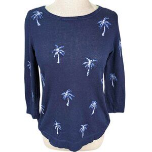 Chico's Pullover Sweater Size 0 Womens‎ Small 4 Blue Palm Tree Design 3/4 Sleeve